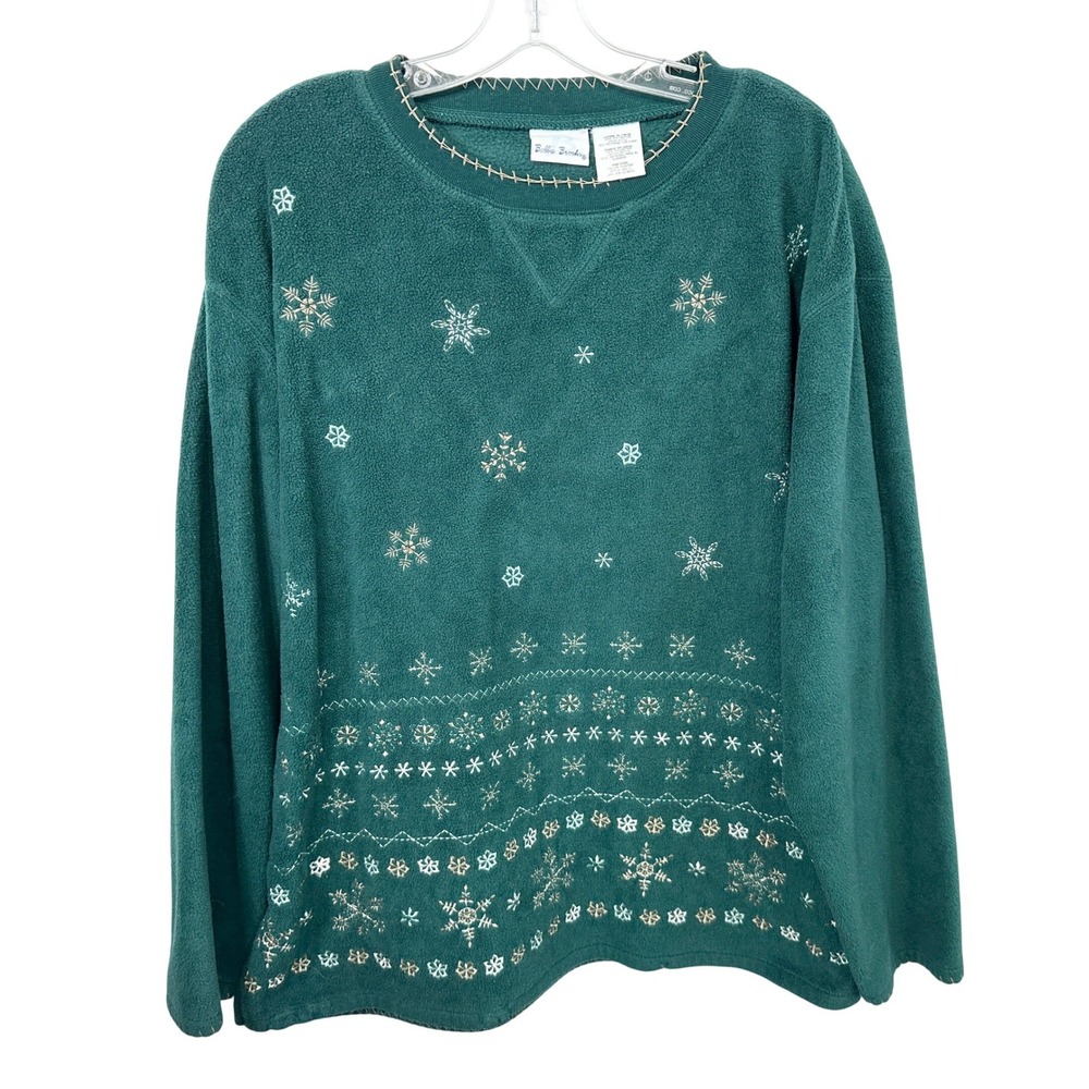 Bobbie Brooks XL Sweater Hunter Green Fleece Snowflake Pullover Sweatshirt 1283